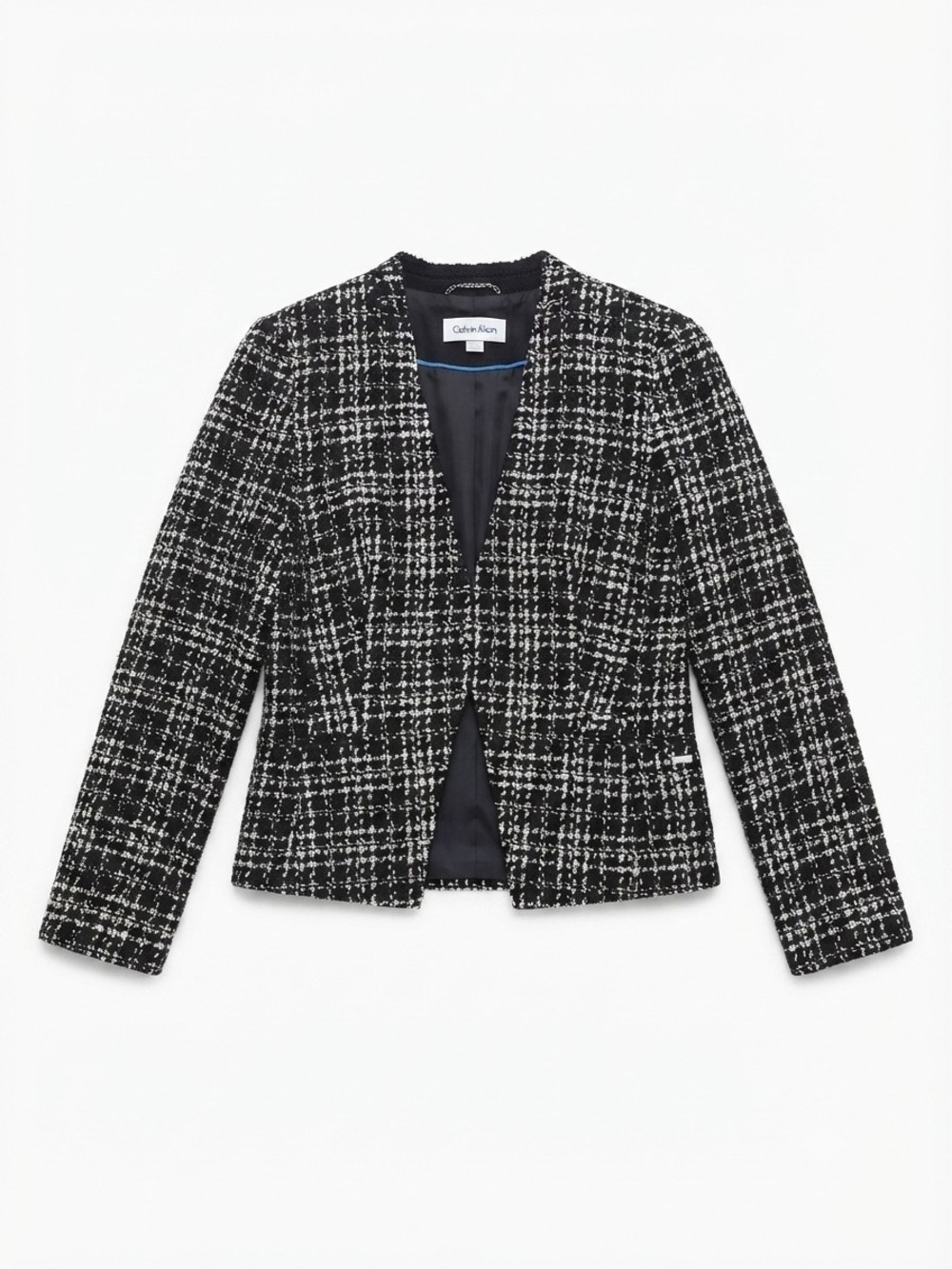 Calvin Klein Black & White Tweed Plaid Open-Front Jacket Blazer Size 10 Career